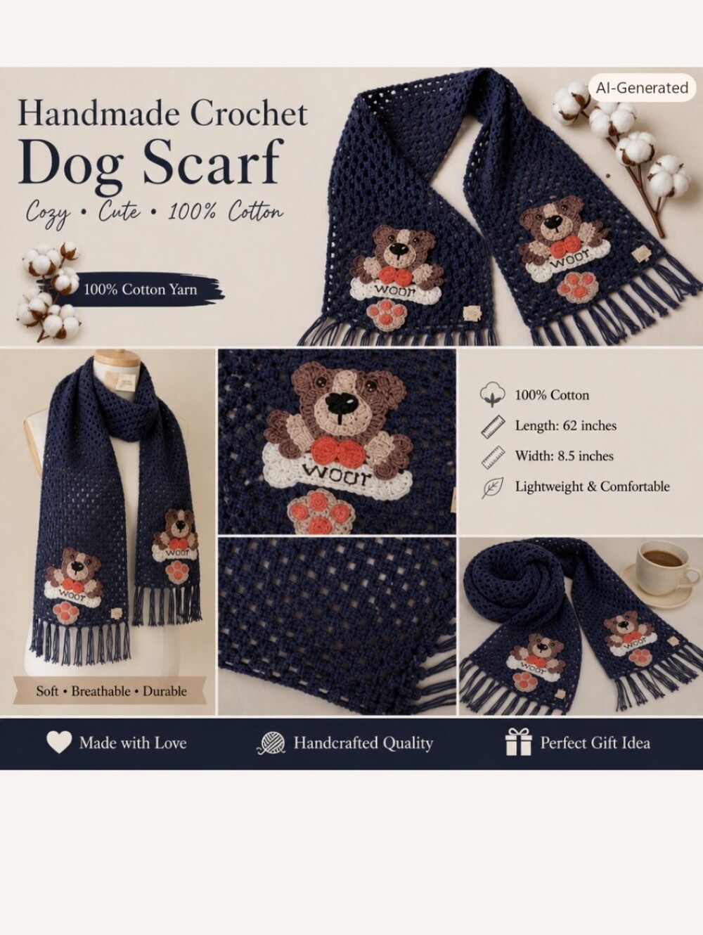 Handmade Crochet Dog Scarf - Navy with Dog Applique - 100% Cotton